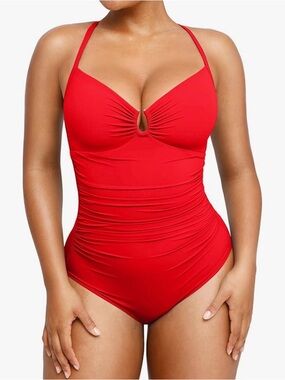 Shapellx Red Ruched Waist 1-Piece Swimsuit Keyhole Detail Tummy Control M NWT
